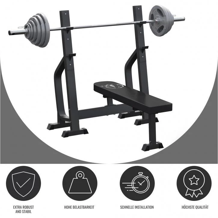 Hantelbank mit 2 Ablagen inkl. Langhantel Set Olympia 130 kg - Image 10