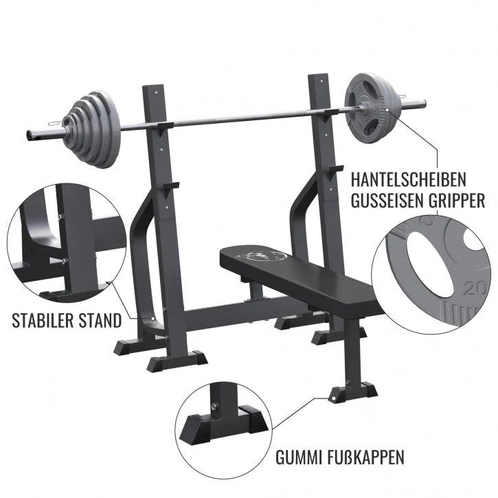 Hantelbank mit 2 Ablagen inkl. Langhantel Set Olympia 130 kg - Image 9